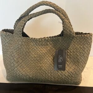 Falor / Falorni Bag Leather Green Woven Handbag Made In Italy Pouch Dust Bag